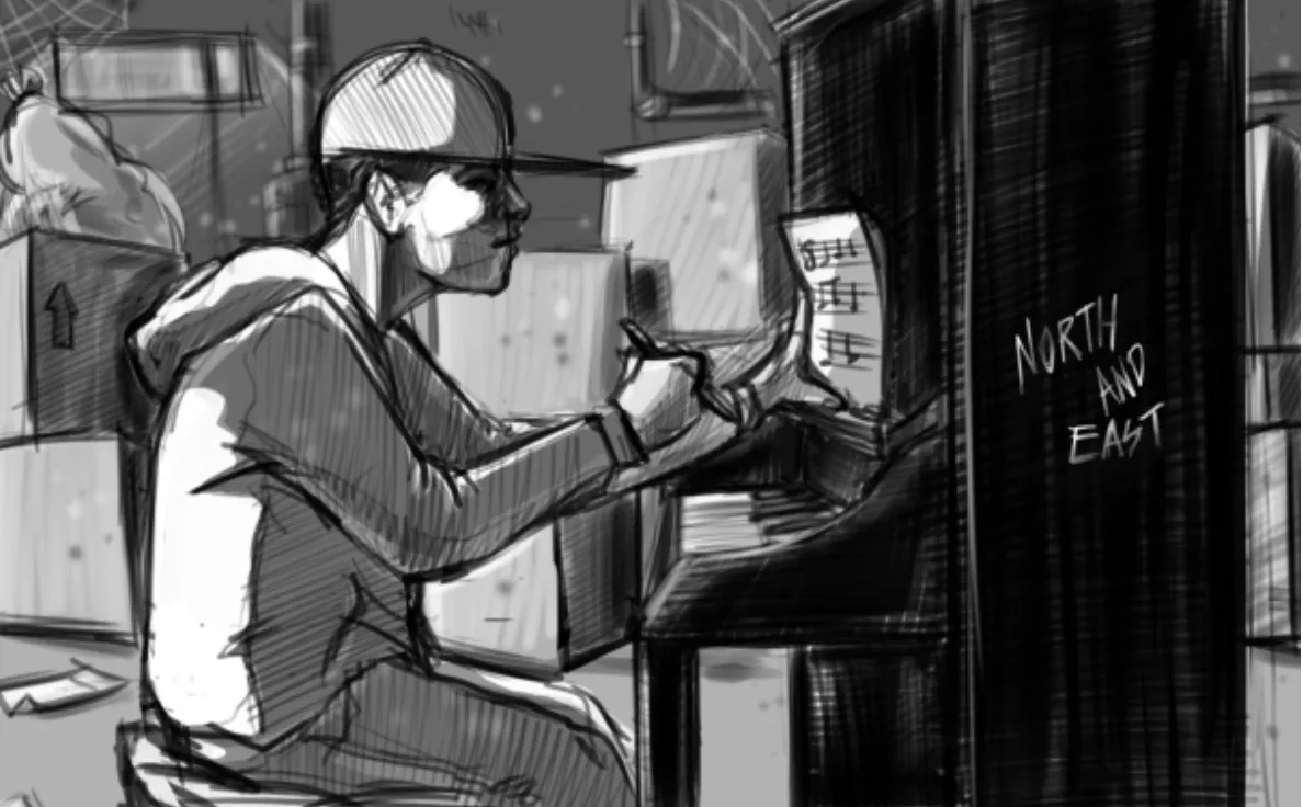 Storyboard sketch of a young composer in a baseball cap writing music at an upright piano, with the title North and East